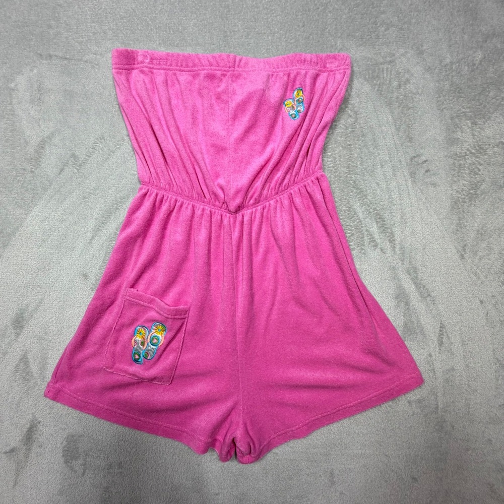 Vintage 2000s Pink Cotton Terry Cloth Strapless Romper Y2K Beach Size S